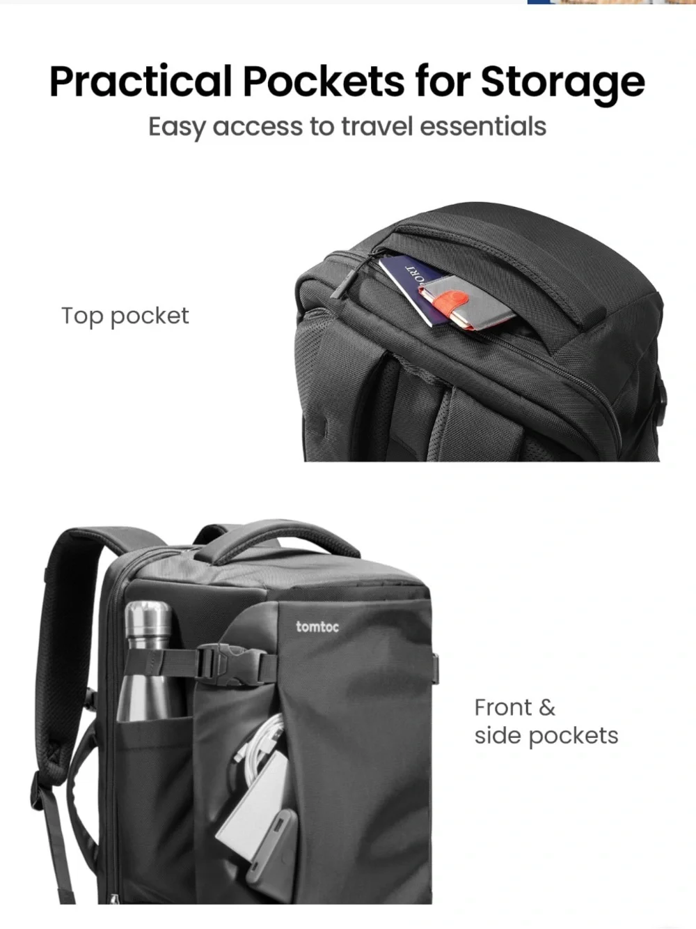 TomTac 40L Travel Backpack for Men — Black
